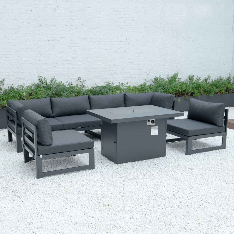 LeisureMod Chelsea 7-Piece Patio Sectional And Fire Pit Table Black Aluminum With Cushions | Outdoor Sofas, Loveseats & Sectionals | Modishstore - 15
