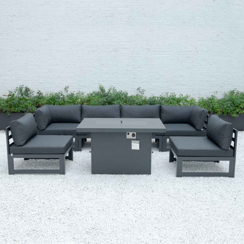 LeisureMod Chelsea 7-Piece Patio Sectional And Fire Pit Table Black Aluminum With Cushions | Outdoor Sofas, Loveseats & Sectionals | Modishstore - 11