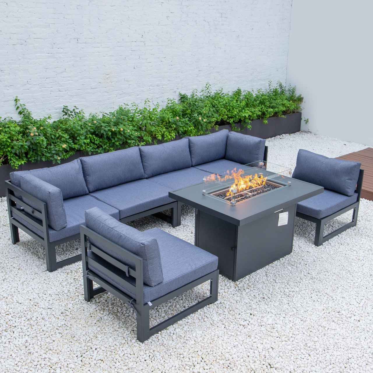 LeisureMod Chelsea 7-Piece Patio Sectional And Fire Pit Table Black Aluminum With Cushions | Outdoor Sofas, Loveseats & Sectionals | Modishstore - 24