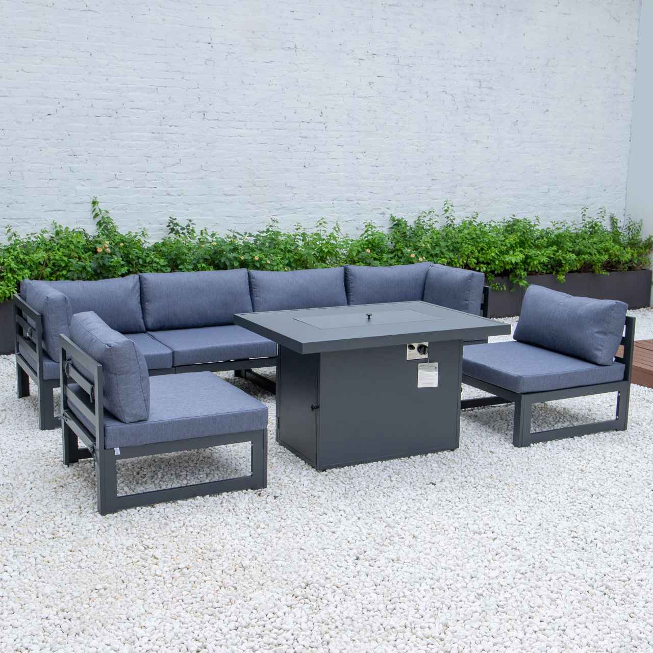 LeisureMod Chelsea 7-Piece Patio Sectional And Fire Pit Table Black Aluminum With Cushions | Outdoor Sofas, Loveseats & Sectionals | Modishstore - 25