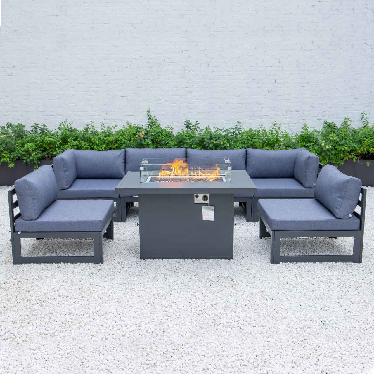LeisureMod Chelsea 7-Piece Patio Sectional And Fire Pit Table Black Aluminum With Cushions | Outdoor Sofas, Loveseats & Sectionals | Modishstore - 21