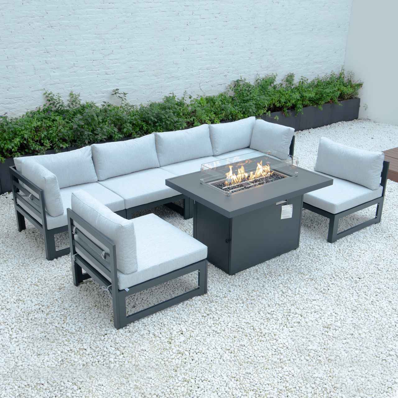 LeisureMod Chelsea 7-Piece Patio Sectional And Fire Pit Table Black Aluminum With Cushions | Outdoor Sofas, Loveseats & Sectionals | Modishstore - 35