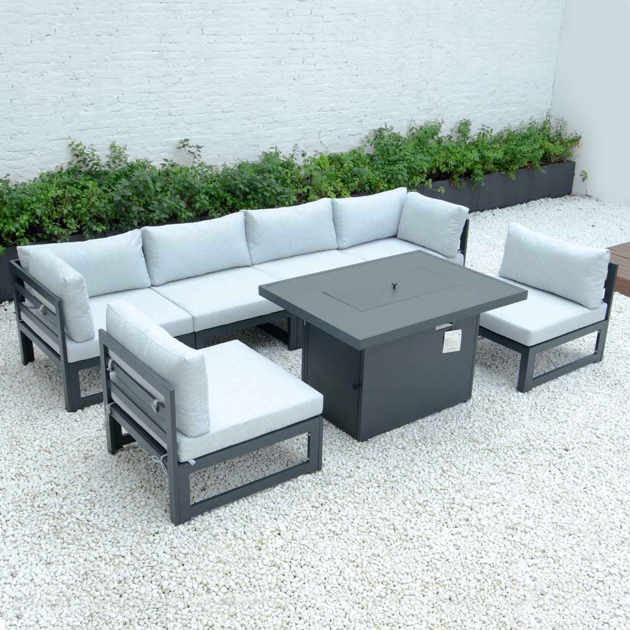 LeisureMod Chelsea 7-Piece Patio Sectional And Fire Pit Table Black Aluminum With Cushions | Outdoor Sofas, Loveseats & Sectionals | Modishstore - 36