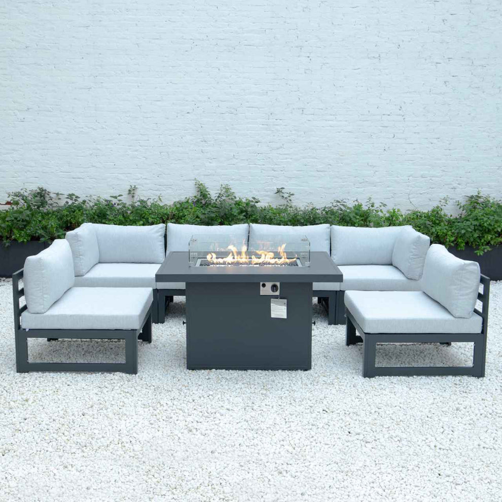 LeisureMod Chelsea 7-Piece Patio Sectional And Fire Pit Table Black Aluminum With Cushions | Outdoor Sofas, Loveseats & Sectionals | Modishstore - 31