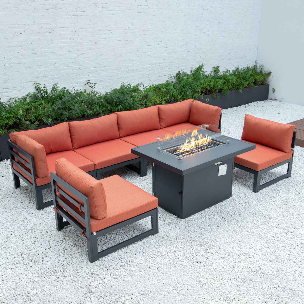 LeisureMod Chelsea 7-Piece Patio Sectional And Fire Pit Table Black Aluminum With Cushions | Outdoor Sofas, Loveseats & Sectionals | Modishstore - 44
