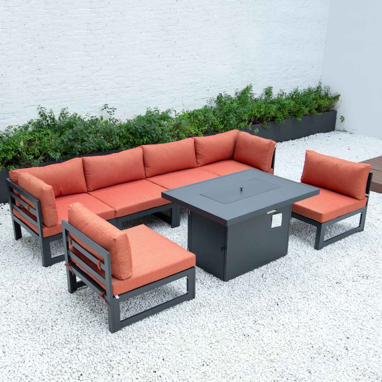 LeisureMod Chelsea 7-Piece Patio Sectional And Fire Pit Table Black Aluminum With Cushions | Outdoor Sofas, Loveseats & Sectionals | Modishstore - 45