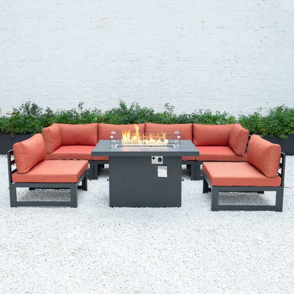 LeisureMod Chelsea 7-Piece Patio Sectional And Fire Pit Table Black Aluminum With Cushions | Outdoor Sofas, Loveseats & Sectionals | Modishstore - 41