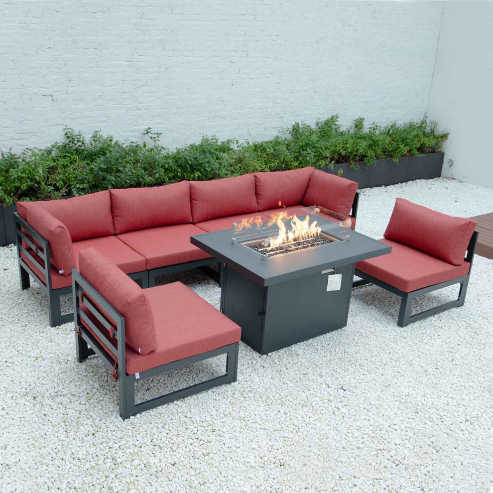 LeisureMod Chelsea 7-Piece Patio Sectional And Fire Pit Table Black Aluminum With Cushions | Outdoor Sofas, Loveseats & Sectionals | Modishstore - 54