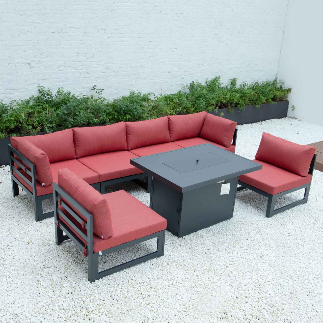 LeisureMod Chelsea 7-Piece Patio Sectional And Fire Pit Table Black Aluminum With Cushions | Outdoor Sofas, Loveseats & Sectionals | Modishstore - 55