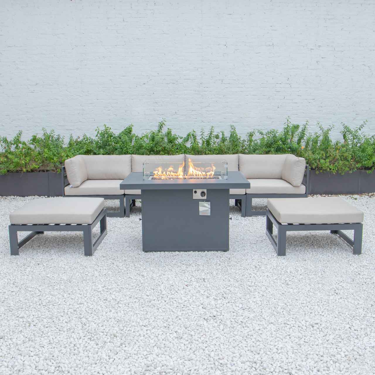 LeisureMod Chelsea 7-Piece Patio Ottoman Sectional And Fire Pit Table Black Aluminum With Cushions | Outdoor Sofas, Loveseats & Sectionals | Modishstore - 2
