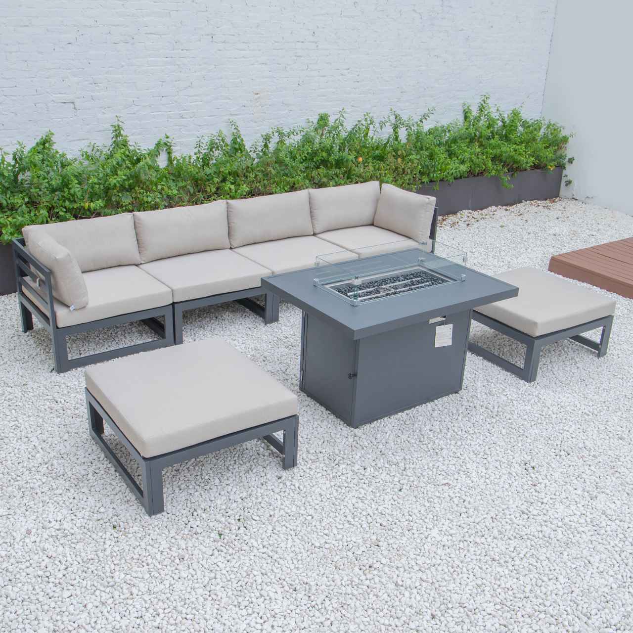 LeisureMod Chelsea 7-Piece Patio Ottoman Sectional And Fire Pit Table Black Aluminum With Cushions | Outdoor Sofas, Loveseats & Sectionals | Modishstore - 5