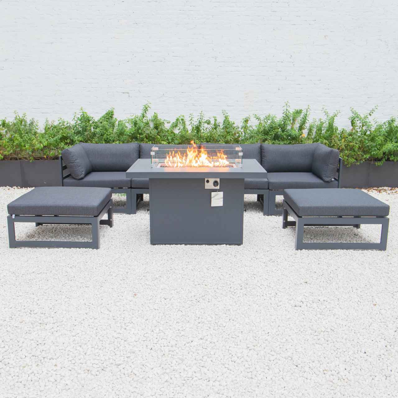 LeisureMod Chelsea 7-Piece Patio Ottoman Sectional And Fire Pit Table Black Aluminum With Cushions | Outdoor Sofas, Loveseats & Sectionals | Modishstore - 17