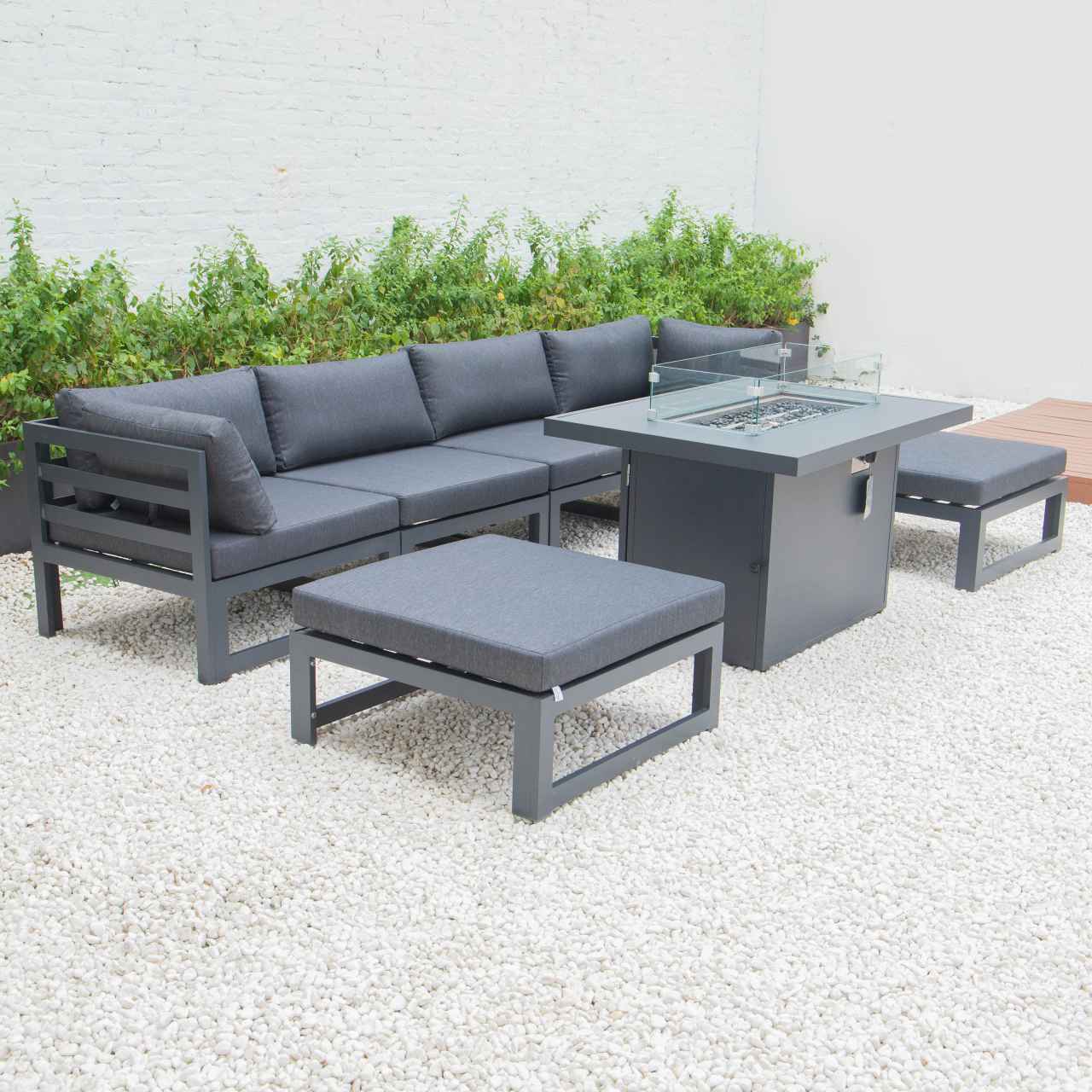 LeisureMod Chelsea 7-Piece Patio Ottoman Sectional And Fire Pit Table Black Aluminum With Cushions | Outdoor Sofas, Loveseats & Sectionals | Modishstore - 20