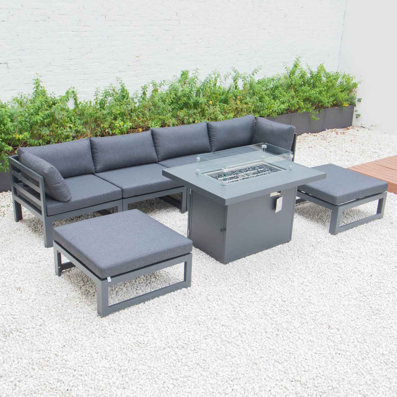 LeisureMod Chelsea 7-Piece Patio Ottoman Sectional And Fire Pit Table Black Aluminum With Cushions | Outdoor Sofas, Loveseats & Sectionals | Modishstore - 19