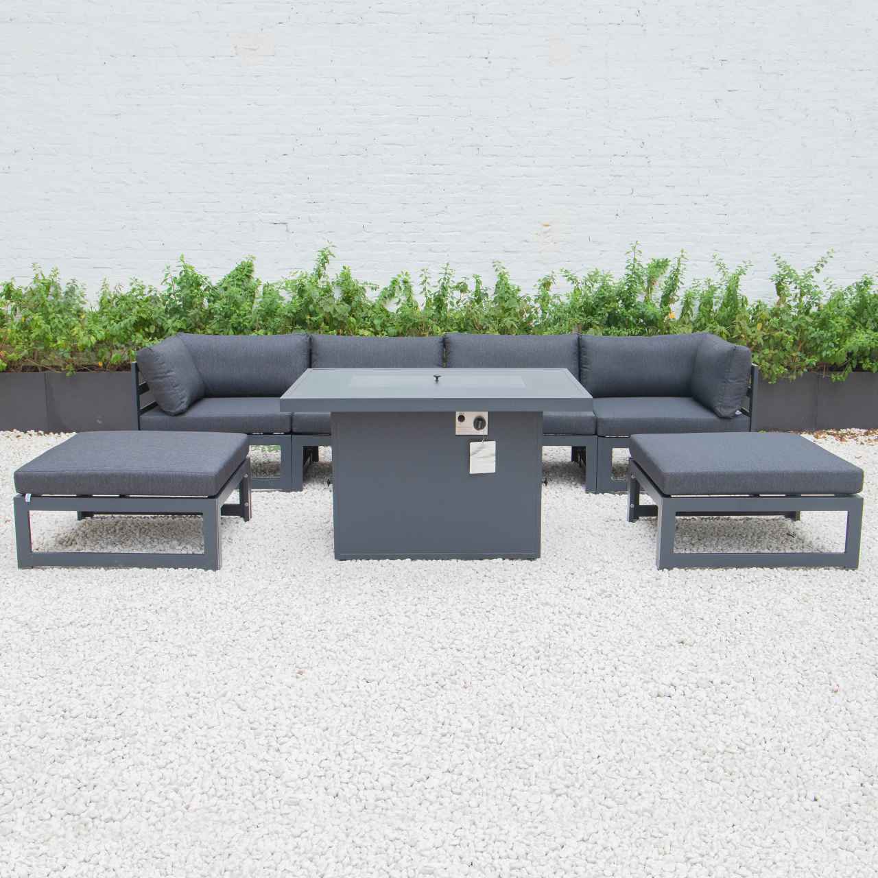 LeisureMod Chelsea 7-Piece Patio Ottoman Sectional And Fire Pit Table Black Aluminum With Cushions | Outdoor Sofas, Loveseats & Sectionals | Modishstore - 16