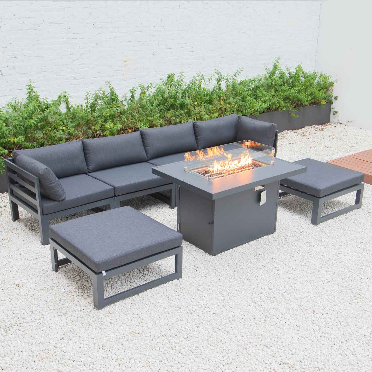 LeisureMod Chelsea 7-Piece Patio Ottoman Sectional And Fire Pit Table Black Aluminum With Cushions | Outdoor Sofas, Loveseats & Sectionals | Modishstore - 18