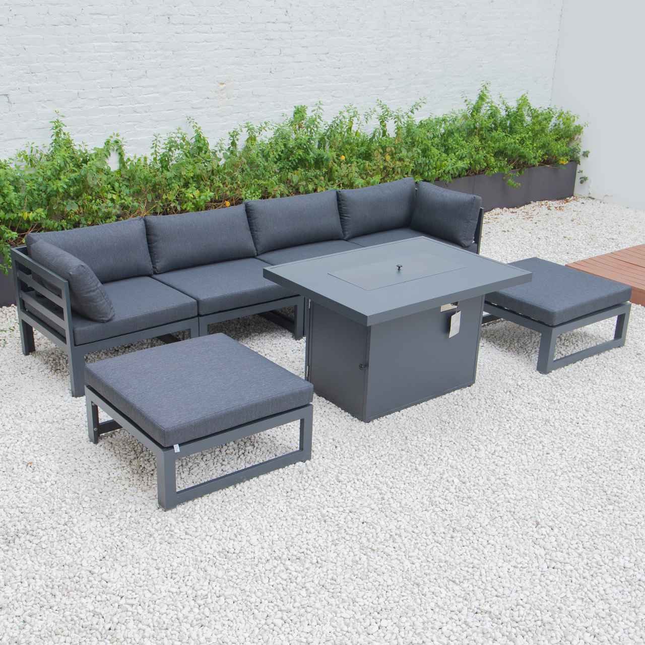 LeisureMod Chelsea 7-Piece Patio Ottoman Sectional And Fire Pit Table Black Aluminum With Cushions | Outdoor Sofas, Loveseats & Sectionals | Modishstore - 14