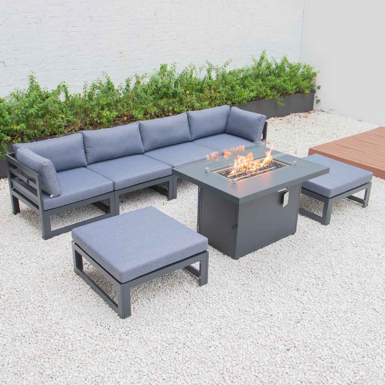 LeisureMod Chelsea 7-Piece Patio Ottoman Sectional And Fire Pit Table Black Aluminum With Cushions | Outdoor Sofas, Loveseats & Sectionals | Modishstore - 31