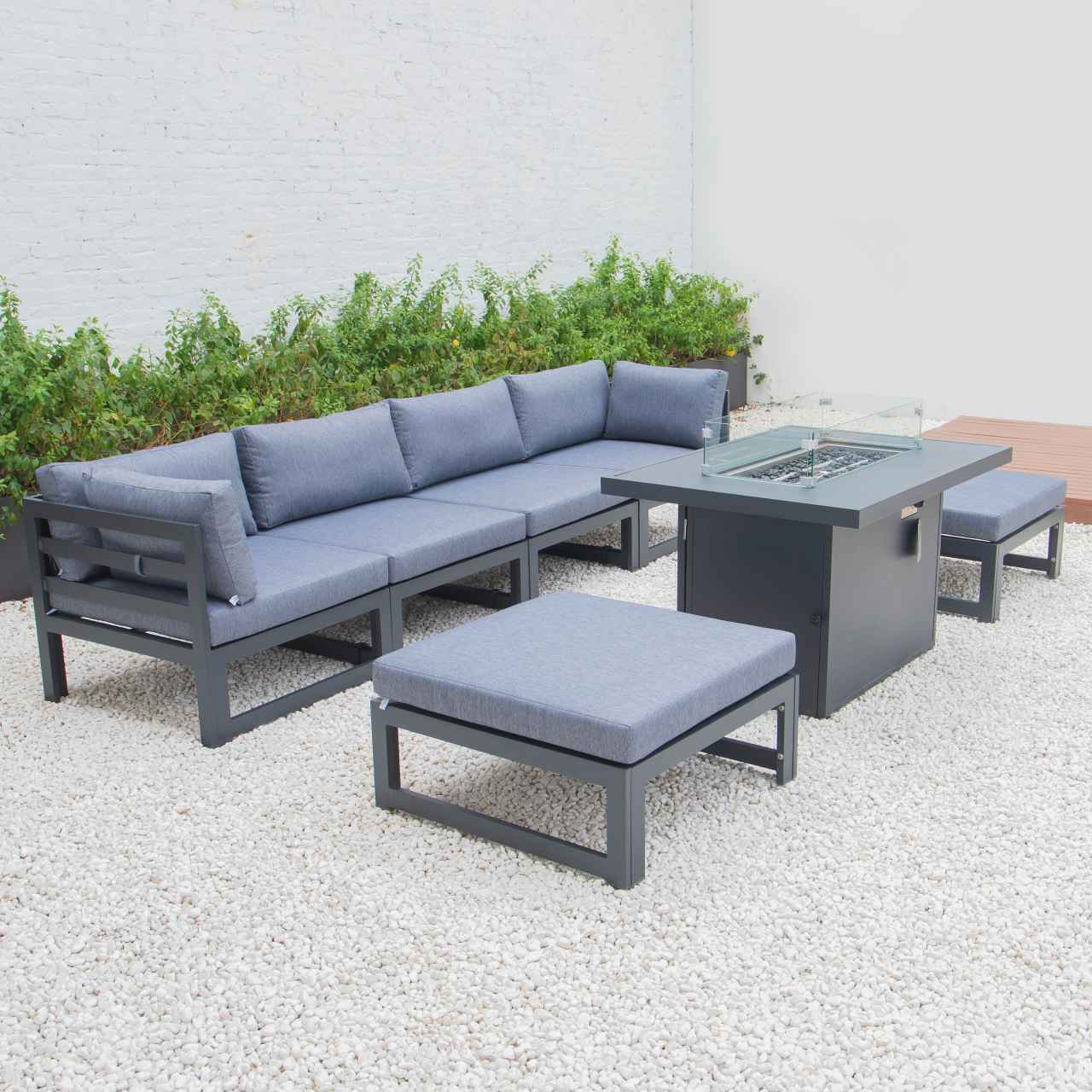LeisureMod Chelsea 7-Piece Patio Ottoman Sectional And Fire Pit Table Black Aluminum With Cushions | Outdoor Sofas, Loveseats & Sectionals | Modishstore - 34