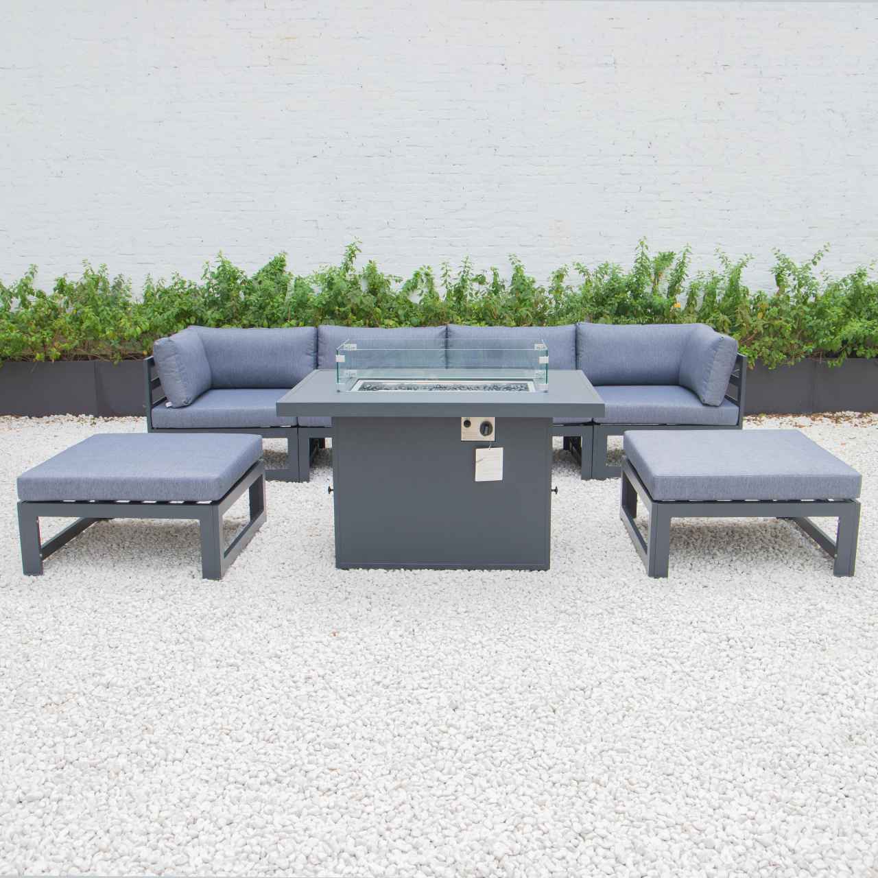 LeisureMod Chelsea 7-Piece Patio Ottoman Sectional And Fire Pit Table Black Aluminum With Cushions | Outdoor Sofas, Loveseats & Sectionals | Modishstore - 33