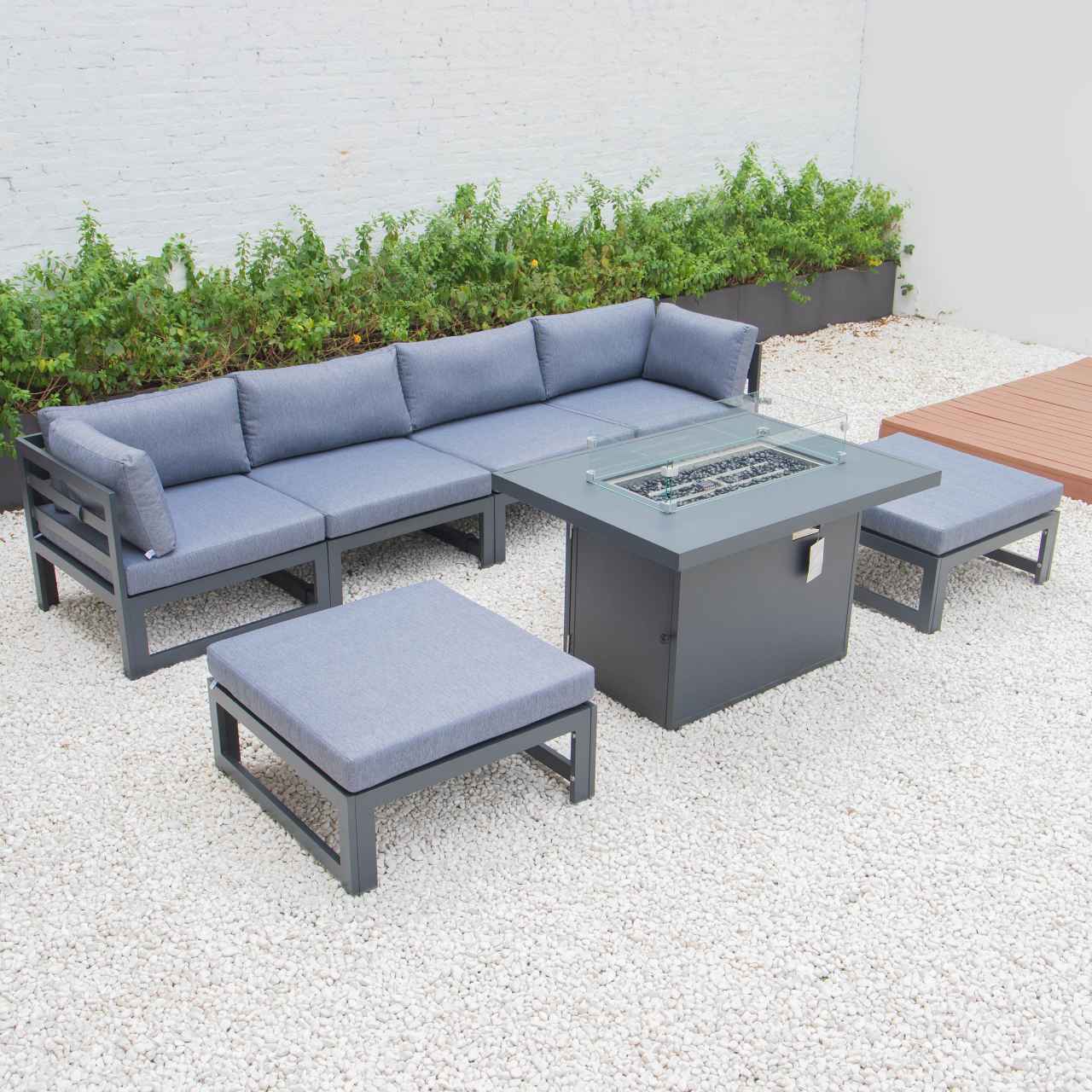 LeisureMod Chelsea 7-Piece Patio Ottoman Sectional And Fire Pit Table Black Aluminum With Cushions | Outdoor Sofas, Loveseats & Sectionals | Modishstore - 32