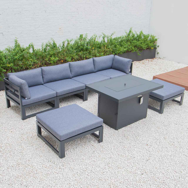LeisureMod Chelsea 7-Piece Patio Ottoman Sectional And Fire Pit Table Black Aluminum With Cushions | Outdoor Sofas, Loveseats & Sectionals | Modishstore - 27