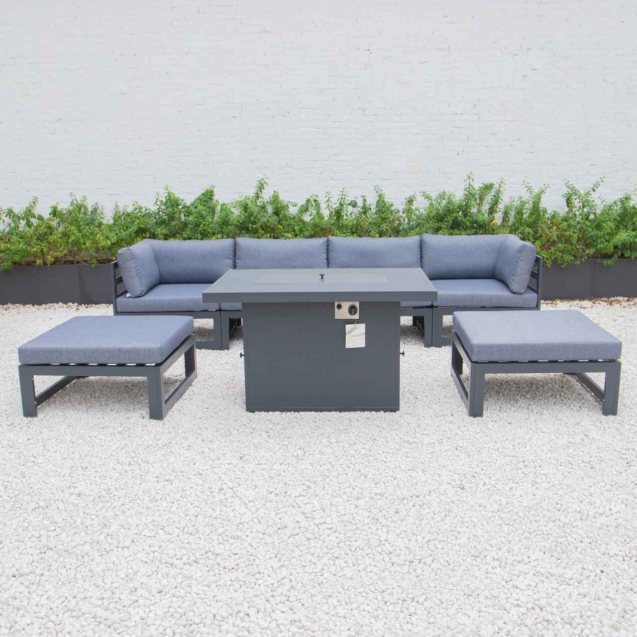 LeisureMod Chelsea 7-Piece Patio Ottoman Sectional And Fire Pit Table Black Aluminum With Cushions | Outdoor Sofas, Loveseats & Sectionals | Modishstore - 29