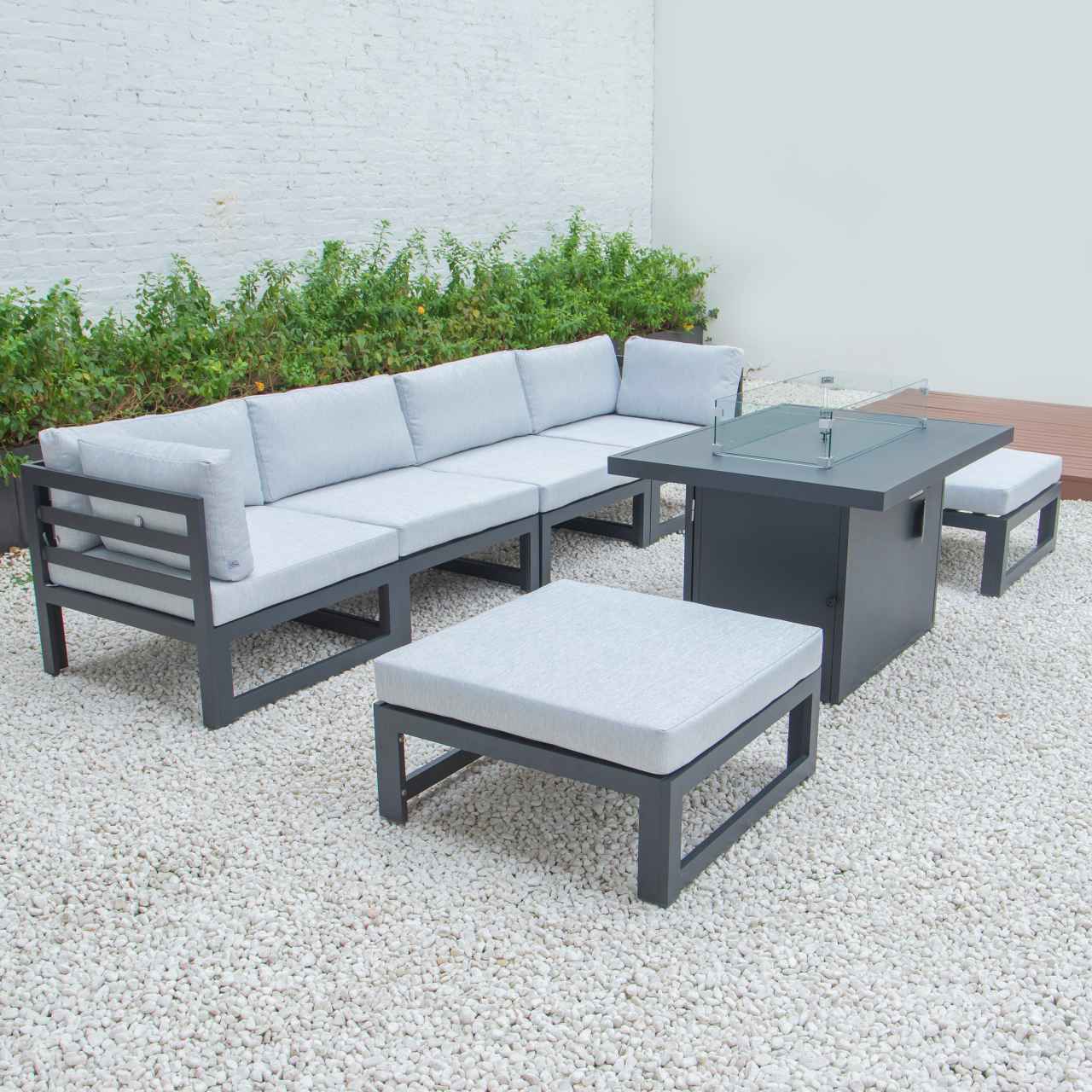 LeisureMod Chelsea 7-Piece Patio Ottoman Sectional And Fire Pit Table Black Aluminum With Cushions | Outdoor Sofas, Loveseats & Sectionals | Modishstore - 46