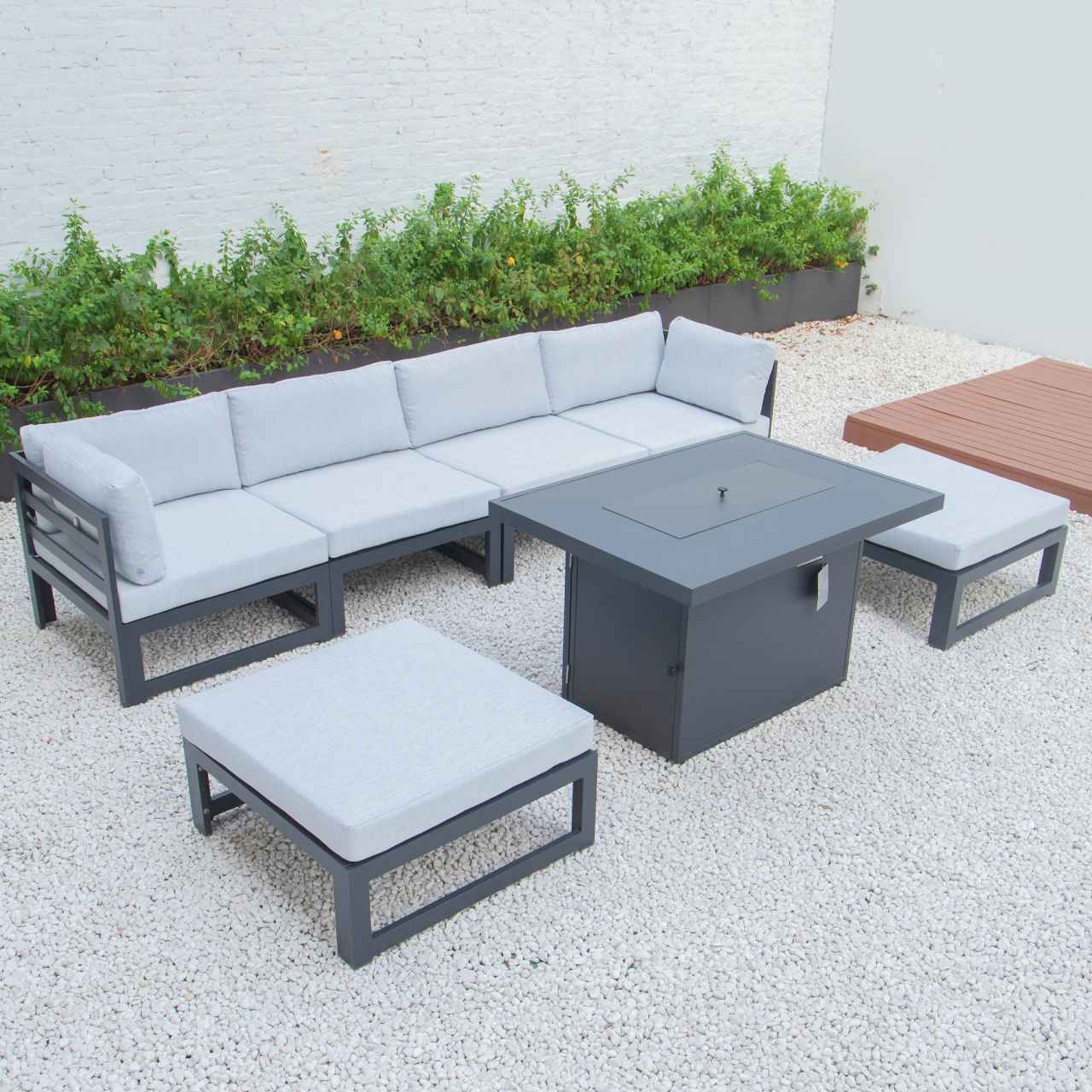 LeisureMod Chelsea 7-Piece Patio Ottoman Sectional And Fire Pit Table Black Aluminum With Cushions | Outdoor Sofas, Loveseats & Sectionals | Modishstore - 40