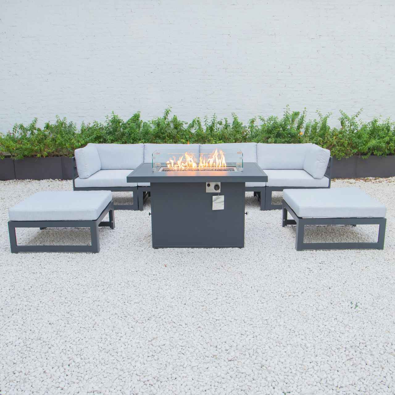LeisureMod Chelsea 7-Piece Patio Ottoman Sectional And Fire Pit Table Black Aluminum With Cushions | Outdoor Sofas, Loveseats & Sectionals | Modishstore - 43