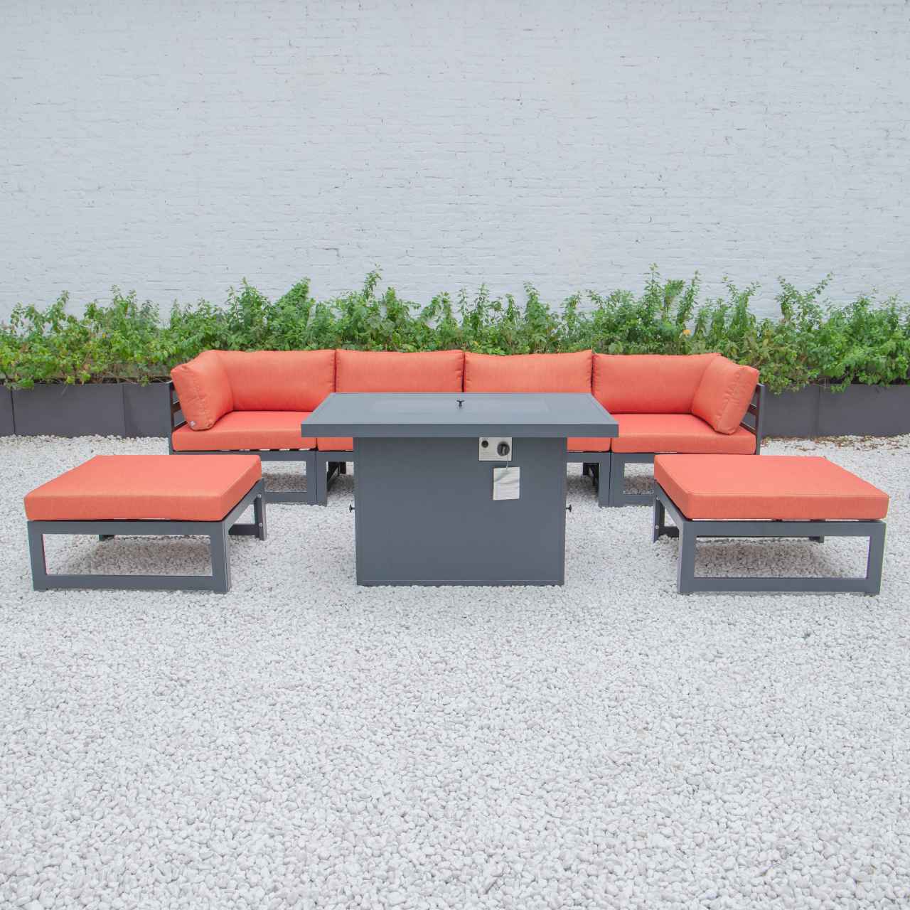 LeisureMod Chelsea 7-Piece Patio Ottoman Sectional And Fire Pit Table Black Aluminum With Cushions | Outdoor Sofas, Loveseats & Sectionals | Modishstore - 60