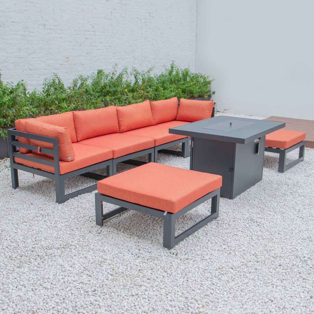 LeisureMod Chelsea 7-Piece Patio Ottoman Sectional And Fire Pit Table Black Aluminum With Cushions | Outdoor Sofas, Loveseats & Sectionals | Modishstore - 59