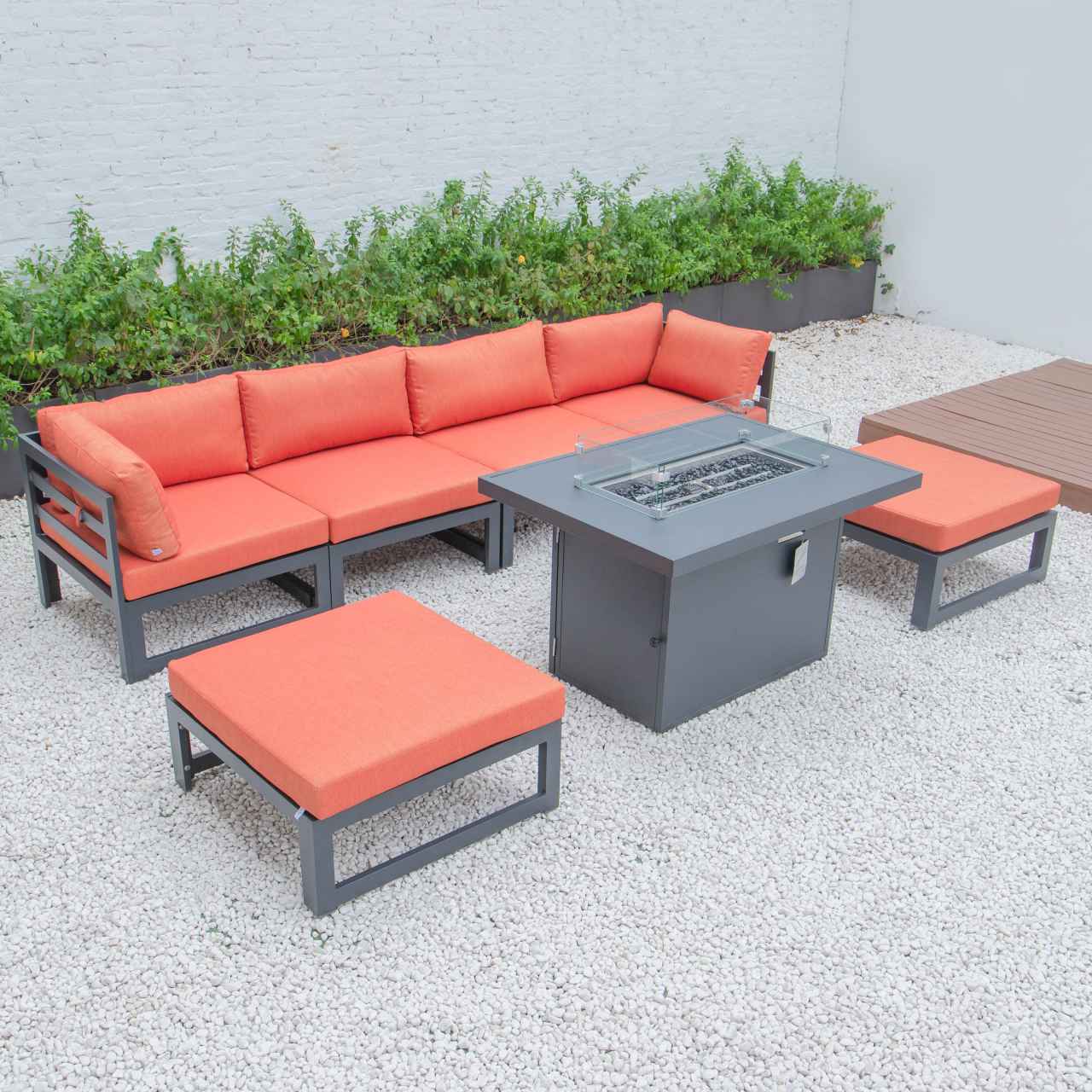 LeisureMod Chelsea 7-Piece Patio Ottoman Sectional And Fire Pit Table Black Aluminum With Cushions | Outdoor Sofas, Loveseats & Sectionals | Modishstore - 57