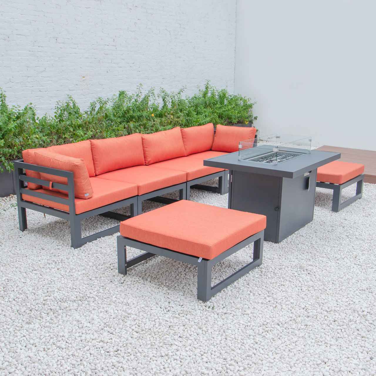 LeisureMod Chelsea 7-Piece Patio Ottoman Sectional And Fire Pit Table Black Aluminum With Cushions | Outdoor Sofas, Loveseats & Sectionals | Modishstore - 56