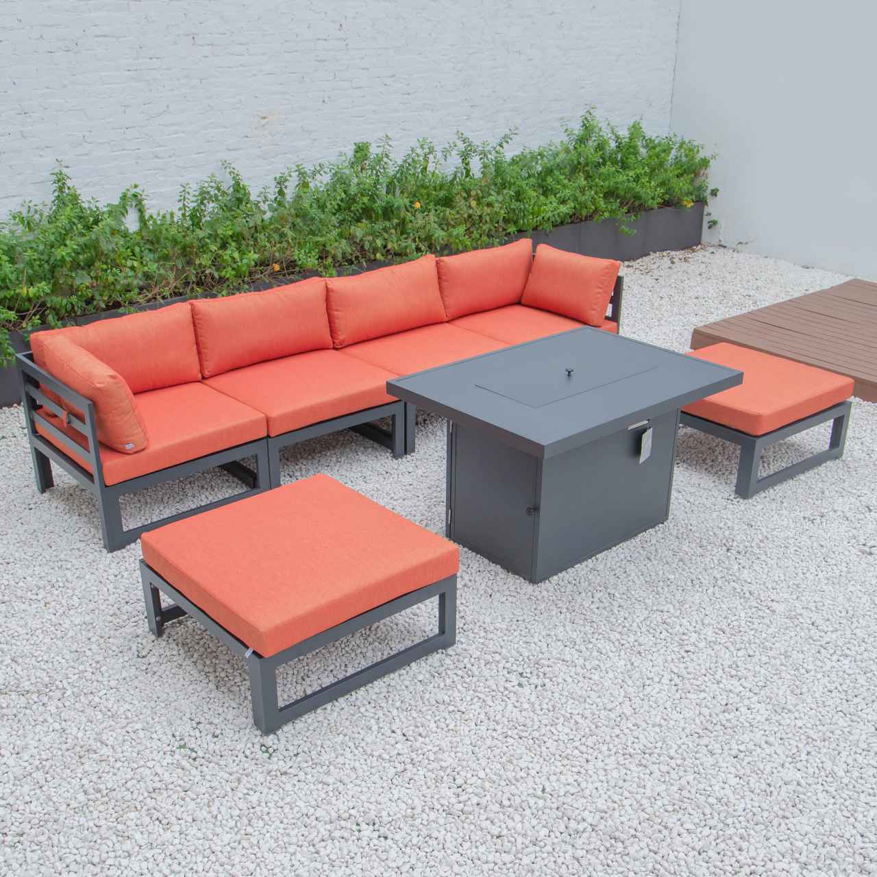 LeisureMod Chelsea 7-Piece Patio Ottoman Sectional And Fire Pit Table Black Aluminum With Cushions | Outdoor Sofas, Loveseats & Sectionals | Modishstore - 58