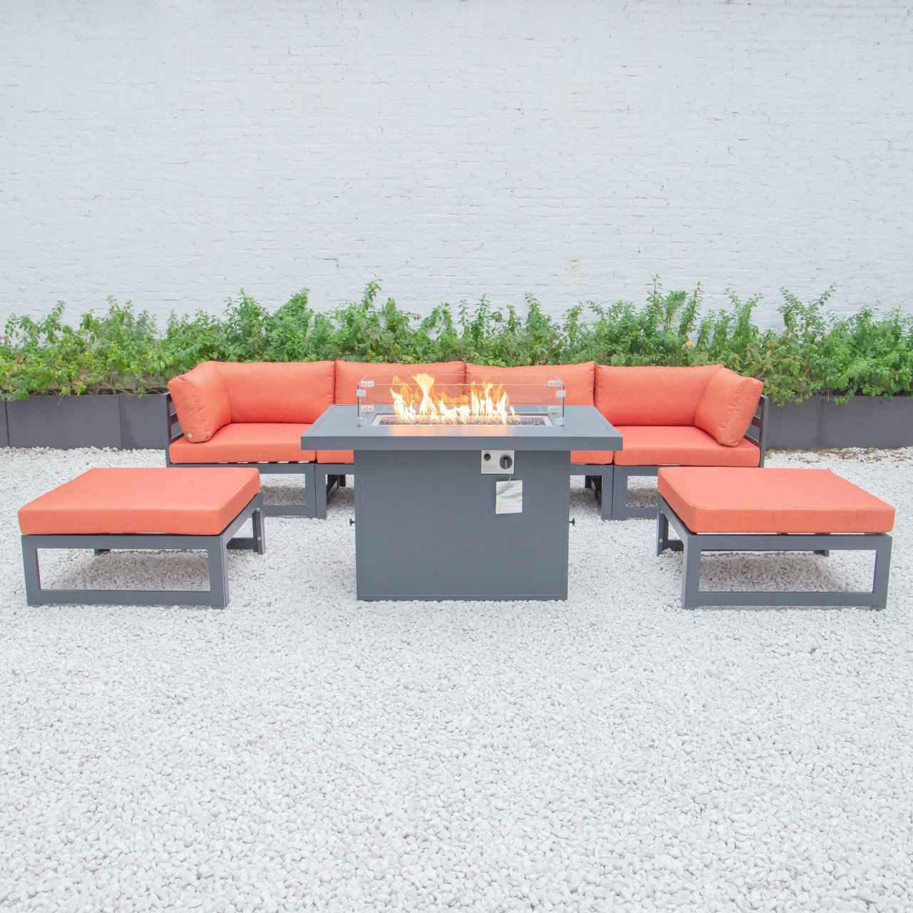 LeisureMod Chelsea 7-Piece Patio Ottoman Sectional And Fire Pit Table Black Aluminum With Cushions | Outdoor Sofas, Loveseats & Sectionals | Modishstore - 54