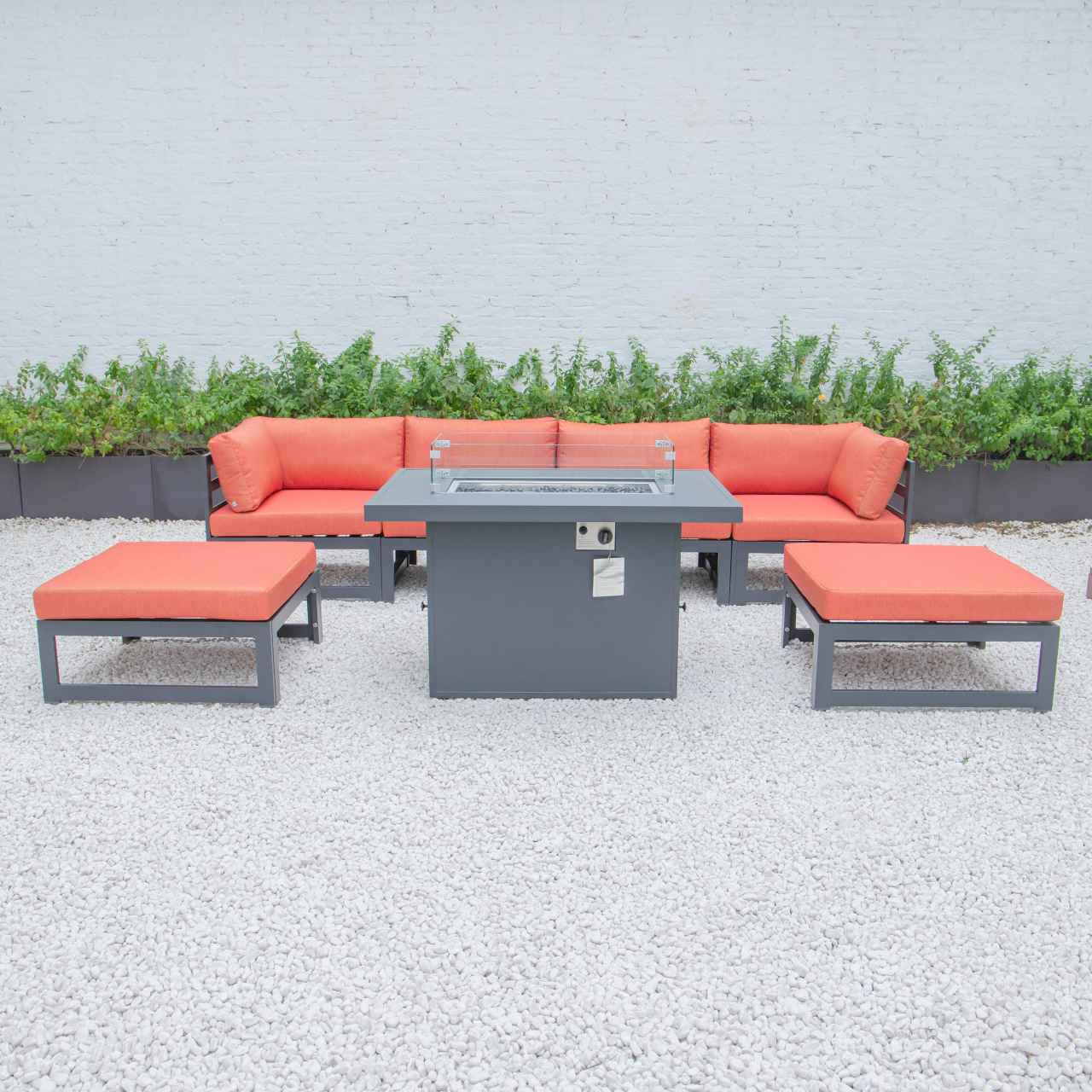 LeisureMod Chelsea 7-Piece Patio Ottoman Sectional And Fire Pit Table Black Aluminum With Cushions | Outdoor Sofas, Loveseats & Sectionals | Modishstore - 55