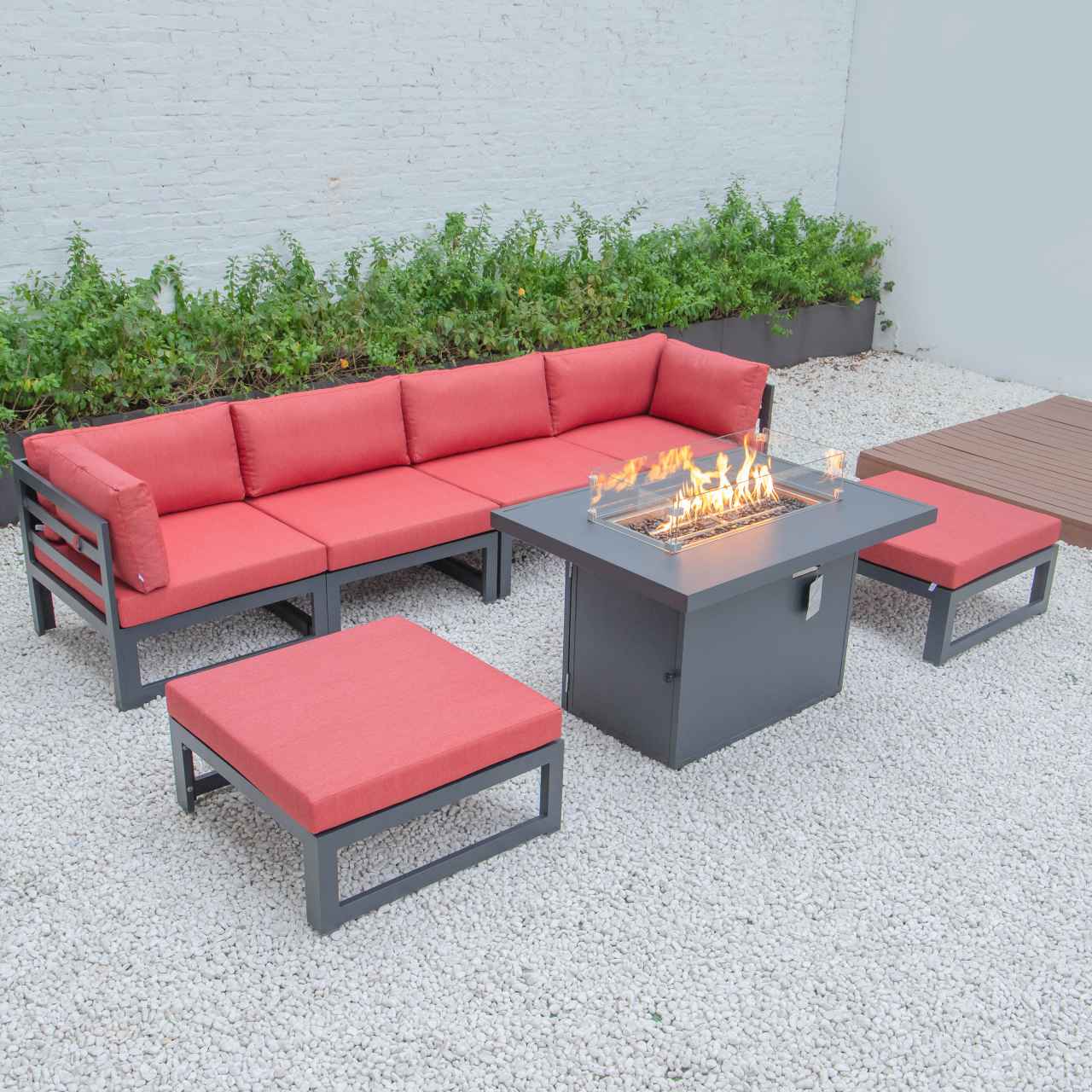 LeisureMod Chelsea 7-Piece Patio Ottoman Sectional And Fire Pit Table Black Aluminum With Cushions | Outdoor Sofas, Loveseats & Sectionals | Modishstore - 70