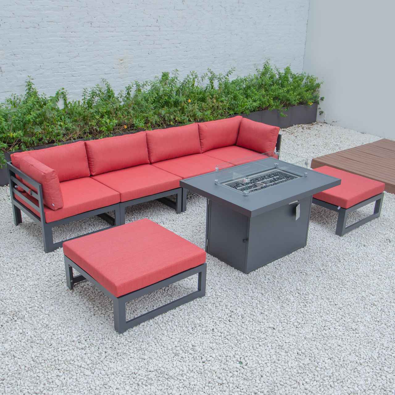 LeisureMod Chelsea 7-Piece Patio Ottoman Sectional And Fire Pit Table Black Aluminum With Cushions | Outdoor Sofas, Loveseats & Sectionals | Modishstore - 72