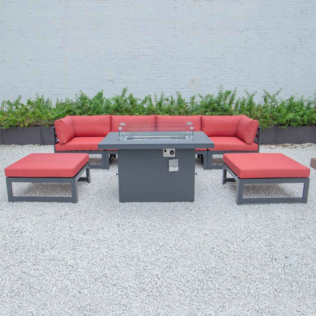 LeisureMod Chelsea 7-Piece Patio Ottoman Sectional And Fire Pit Table Black Aluminum With Cushions | Outdoor Sofas, Loveseats & Sectionals | Modishstore - 73