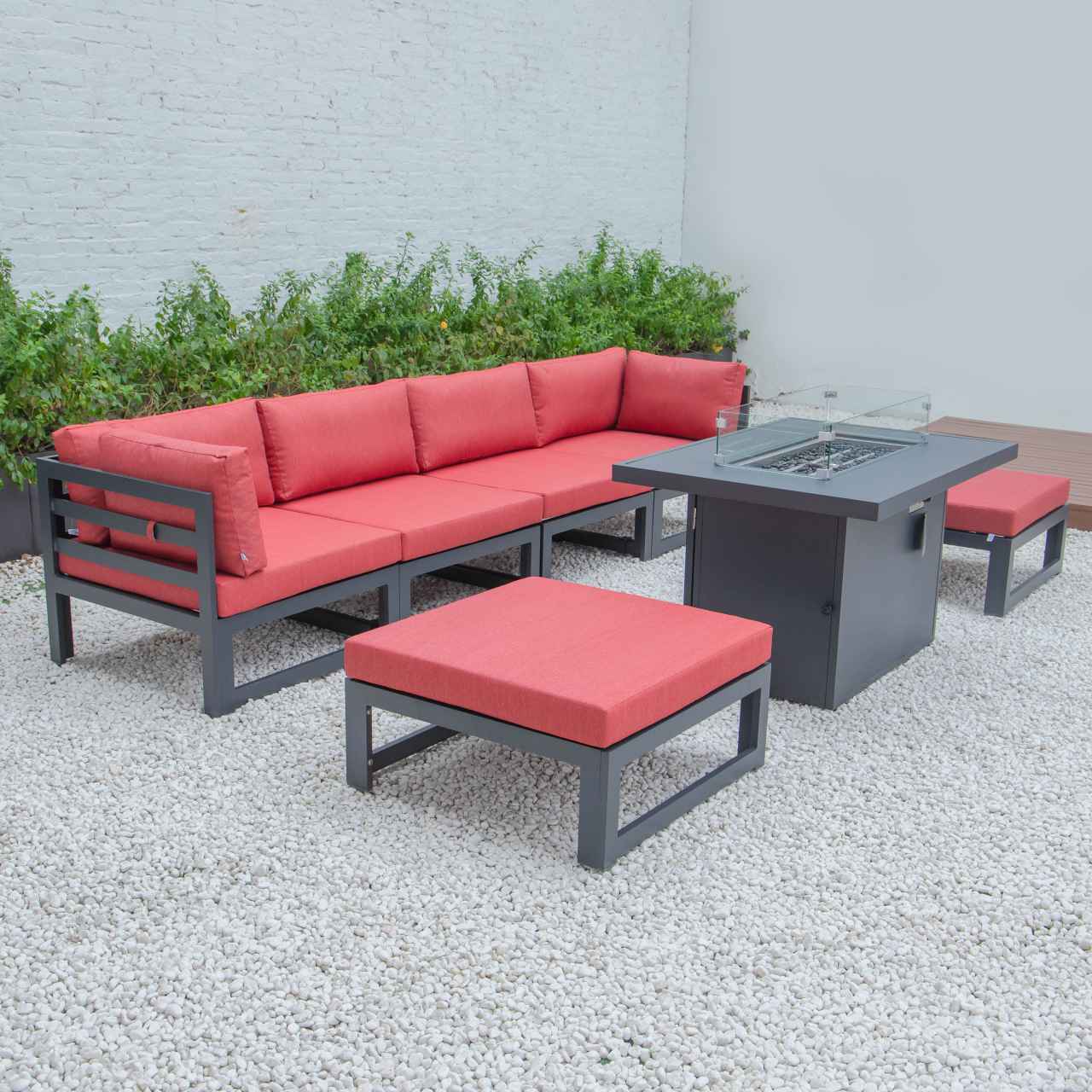 LeisureMod Chelsea 7-Piece Patio Ottoman Sectional And Fire Pit Table Black Aluminum With Cushions | Outdoor Sofas, Loveseats & Sectionals | Modishstore - 71