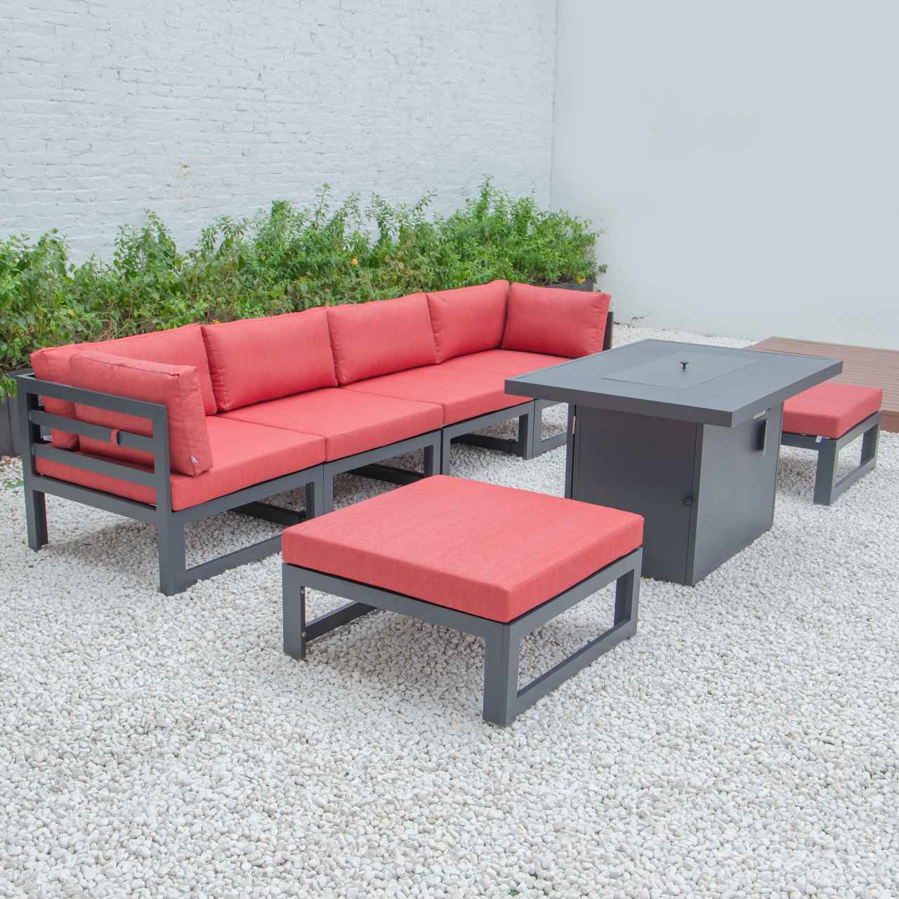 LeisureMod Chelsea 7-Piece Patio Ottoman Sectional And Fire Pit Table Black Aluminum With Cushions | Outdoor Sofas, Loveseats & Sectionals | Modishstore - 67