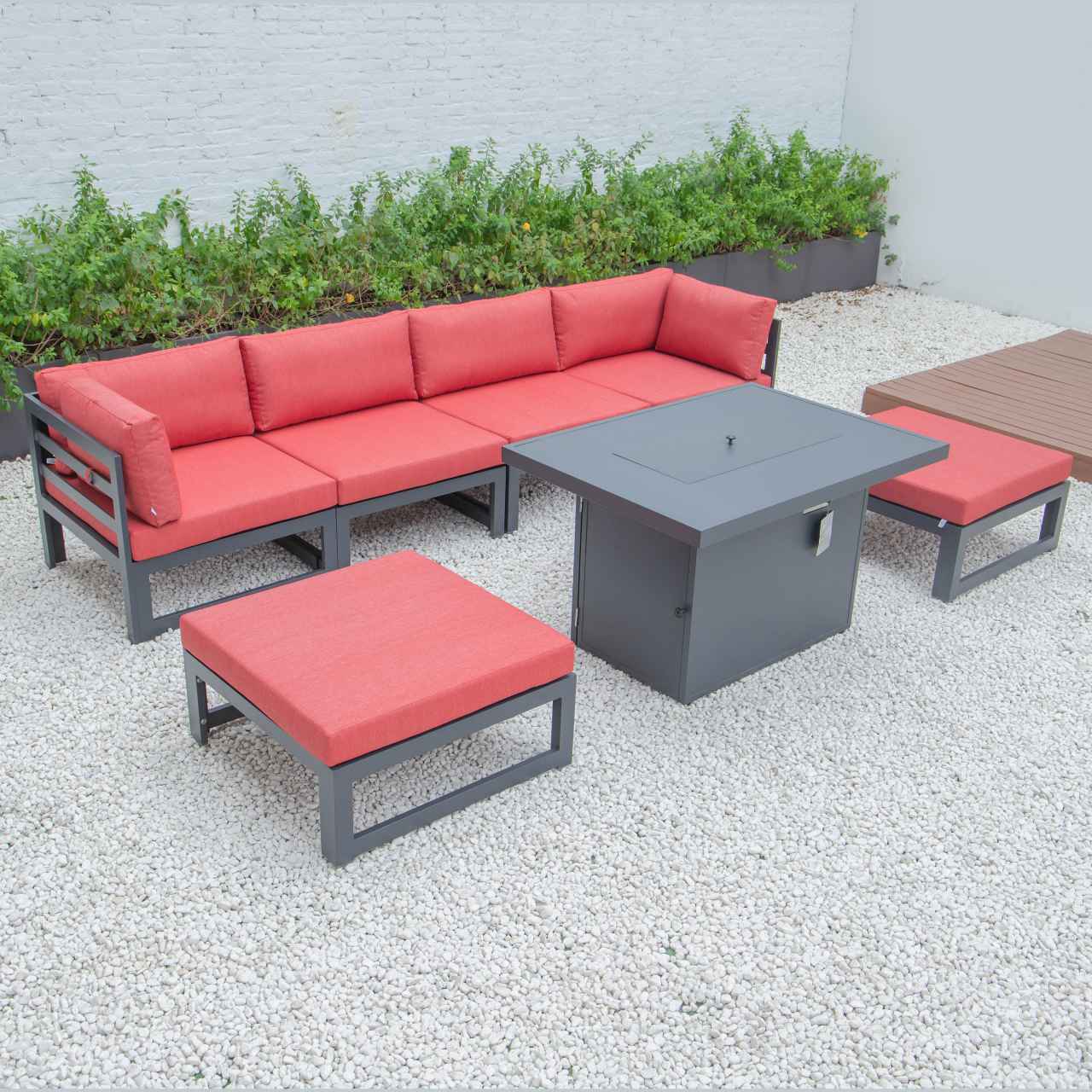 LeisureMod Chelsea 7-Piece Patio Ottoman Sectional And Fire Pit Table Black Aluminum With Cushions | Outdoor Sofas, Loveseats & Sectionals | Modishstore - 66
