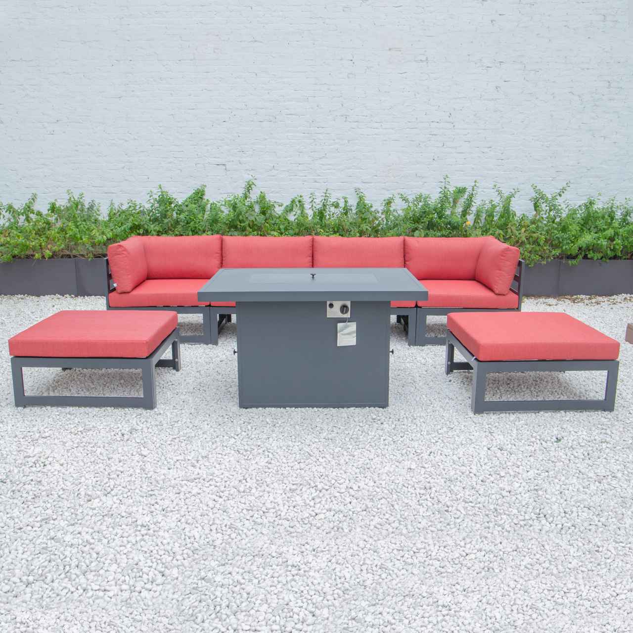 LeisureMod Chelsea 7-Piece Patio Ottoman Sectional And Fire Pit Table Black Aluminum With Cushions | Outdoor Sofas, Loveseats & Sectionals | Modishstore - 68