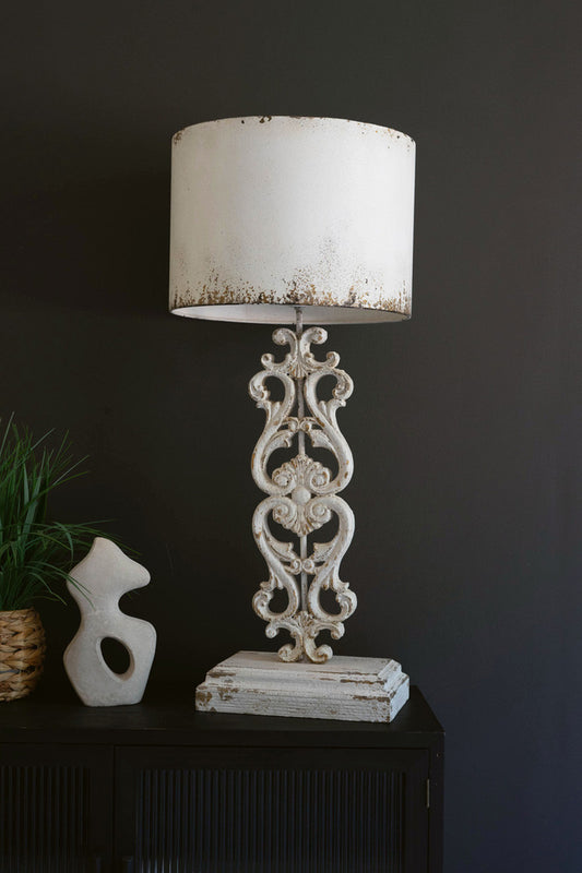 Table Lamp - Antique White With Carved Damask Base By Kalalou | Table Lamps | Modishstore