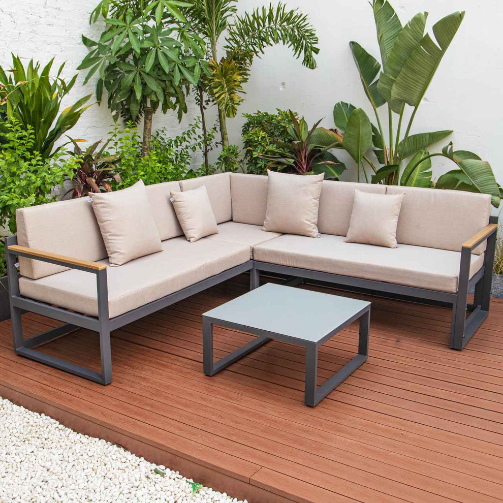 LeisureMod Chelsea Black Sectional With Adjustable Headrest & Coffee Table With Cushions | Outdoor Sofas, Loveseats & Sectionals | Modishstore - 3