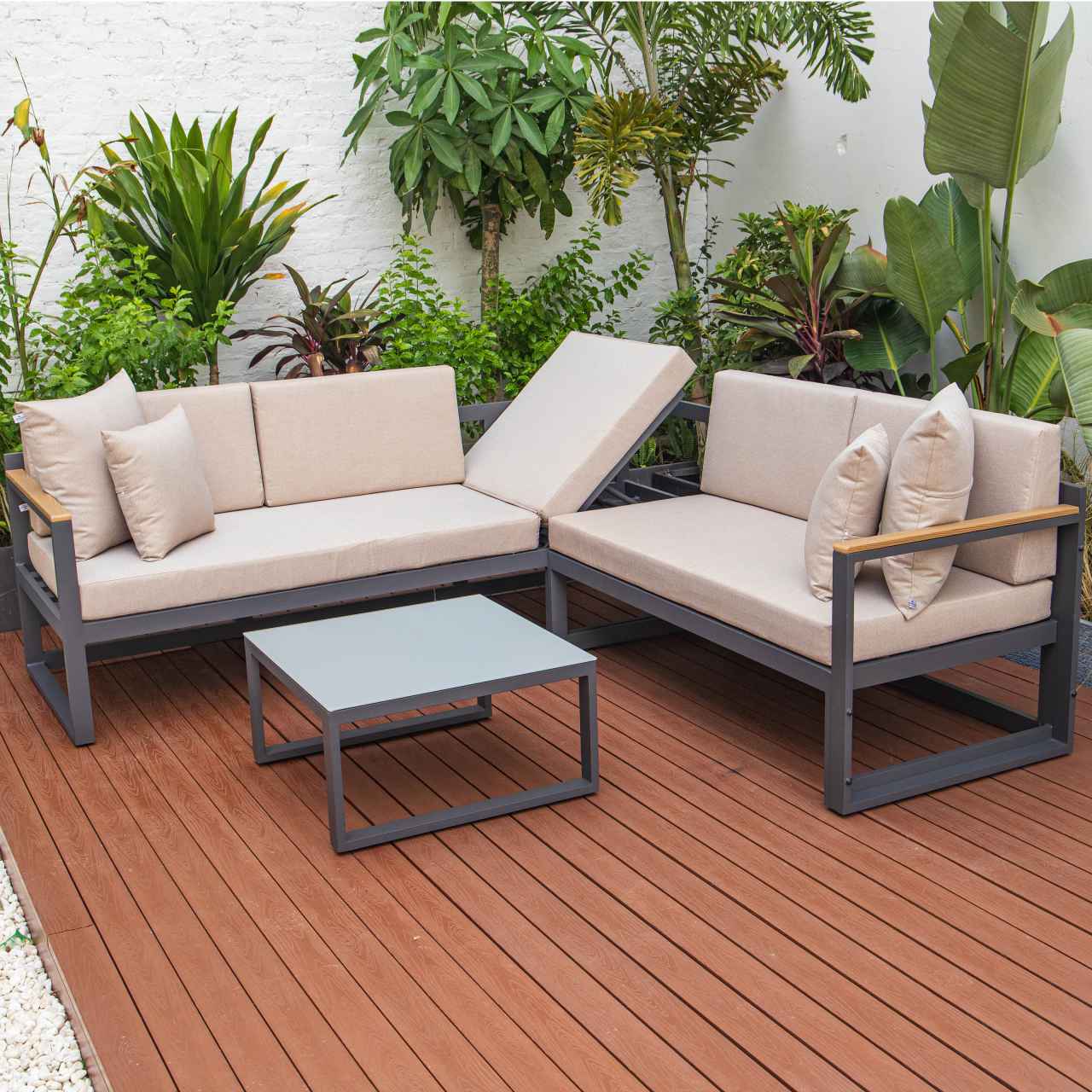 LeisureMod Chelsea Black Sectional With Adjustable Headrest & Coffee Table With Cushions | Outdoor Sofas, Loveseats & Sectionals | Modishstore - 2