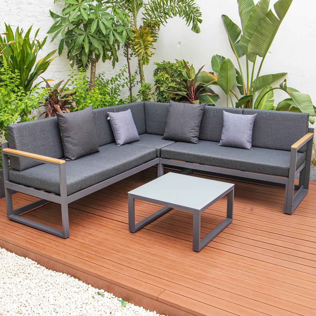 LeisureMod Chelsea Black Sectional With Adjustable Headrest & Coffee Table With Two Tone Cushions | Outdoor Sofas, Loveseats & Sectionals | Modishstore - 17