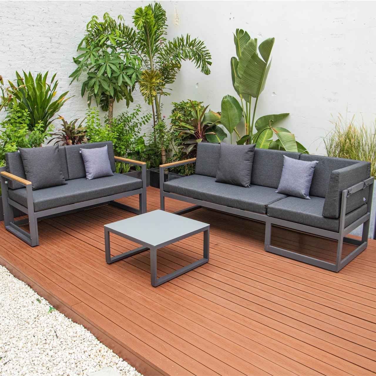 LeisureMod Chelsea Black Sectional With Adjustable Headrest & Coffee Table With Two Tone Cushions | Outdoor Sofas, Loveseats & Sectionals | Modishstore - 16