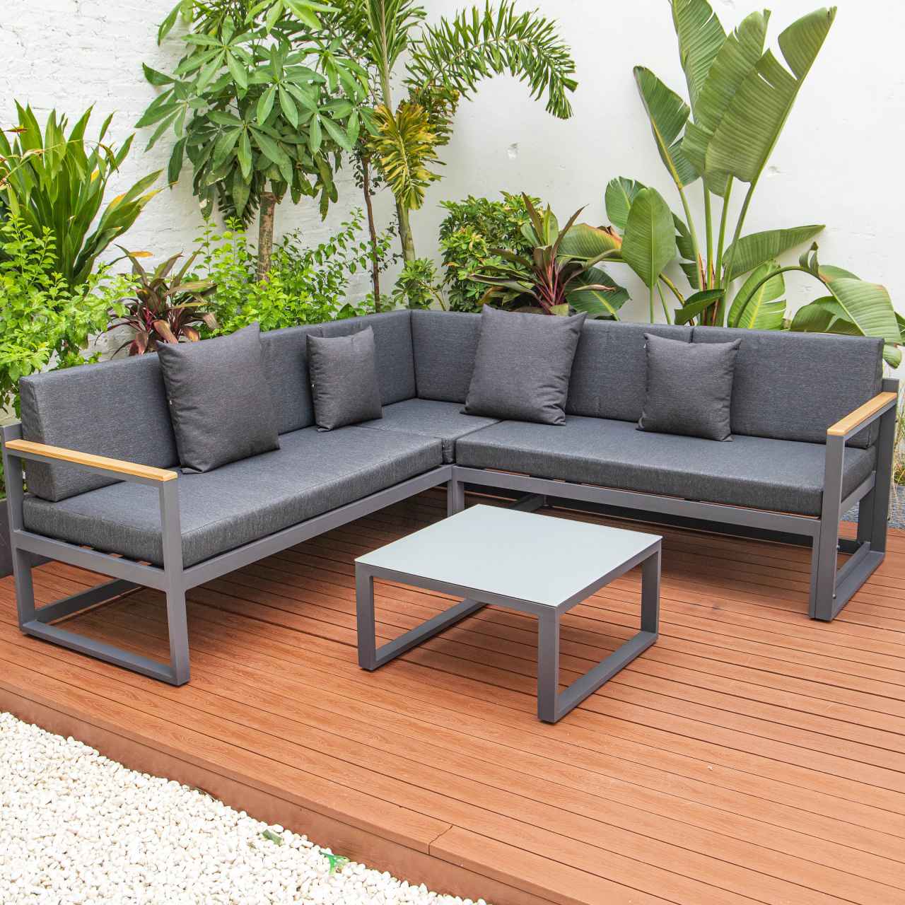 LeisureMod Chelsea Black Sectional With Adjustable Headrest & Coffee Table With Cushions | Outdoor Sofas, Loveseats & Sectionals | Modishstore - 18